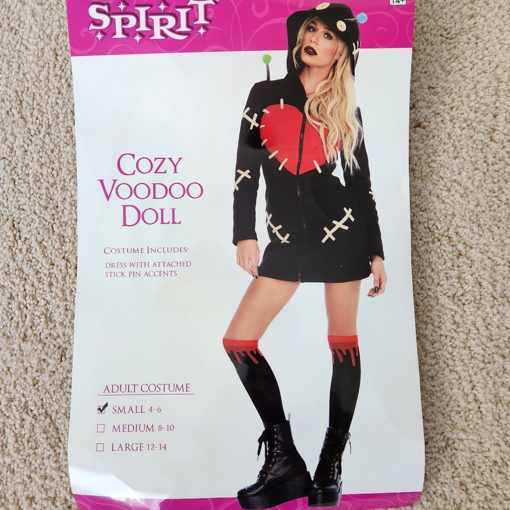 Spirit Halloween "Cozy Voodoo Doll" Costume Dress Hoodie with Tights Size Small